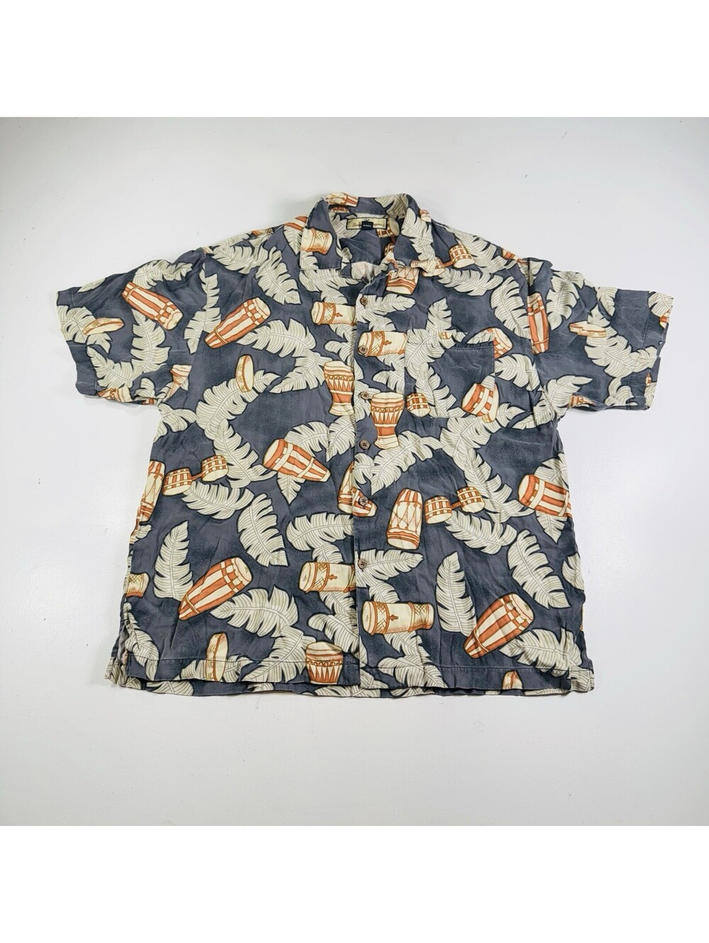 Tommy Bahama Hawaiian Shirt Gray Orange Floral 100% Silk Men’s Size XL
